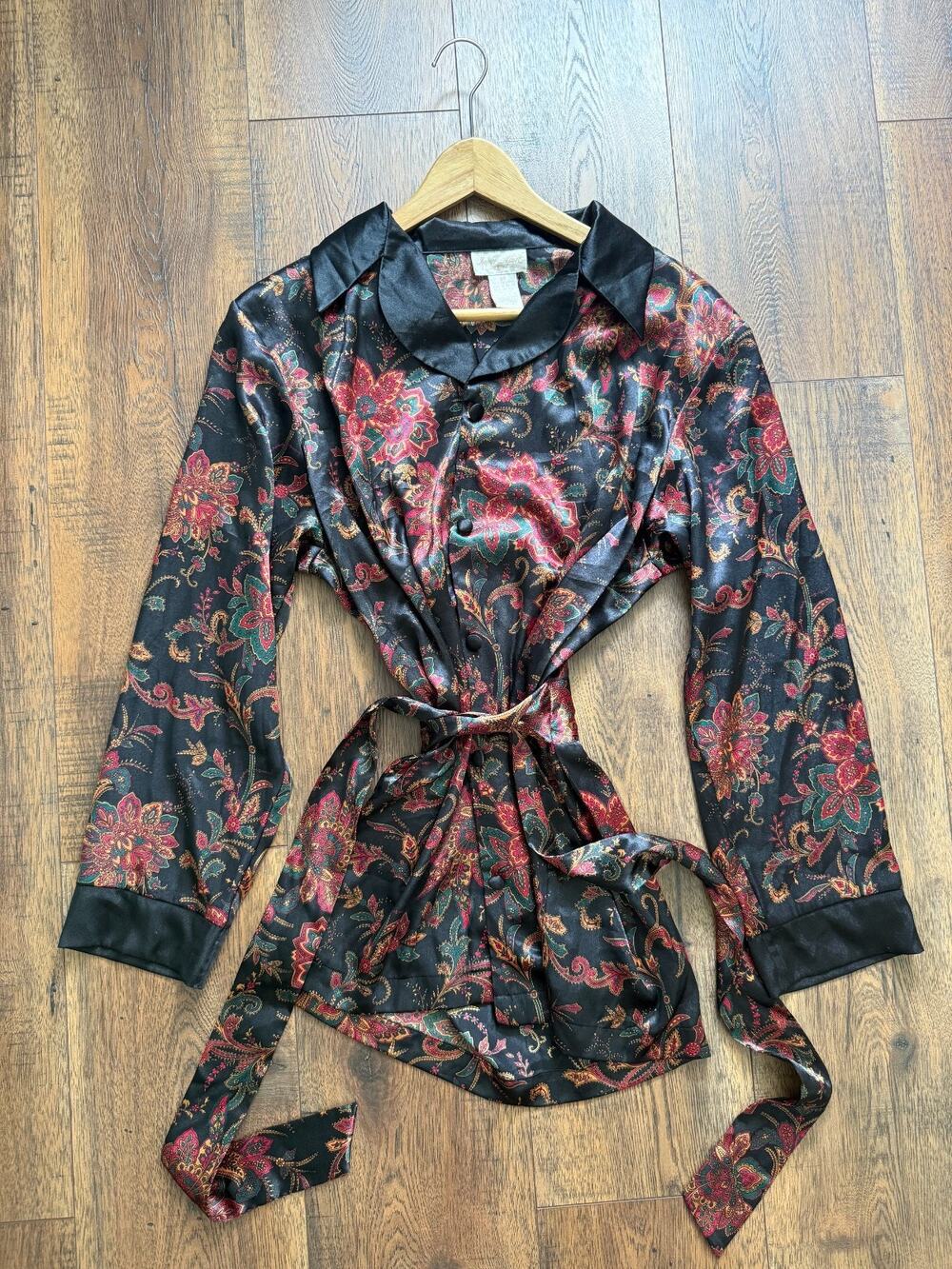 Vintage 90s Whimsigoth Paisley Satin Robe Belted Kimono Wrap Dressing Gown M